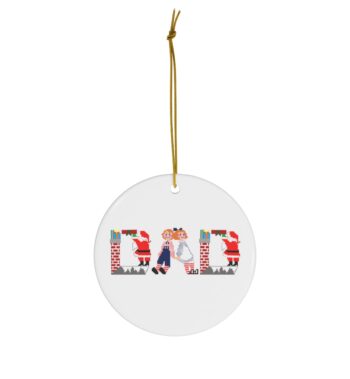 White ceramic ornament with text ‘Dad’ in colourful Christmas themed lettering, with gold hanging loop