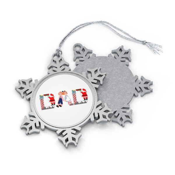 Silver-toned snowflake ornament with white insert with text ‘Dad’ in colourful Christmas themed lettering, with silver hanging loop