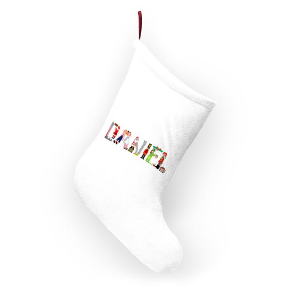 White stocking with text ‘Daniel’ in colourful Christmas themed lettering, with red hanging loop