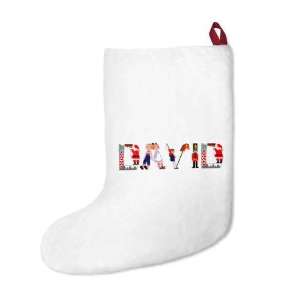 White stocking with text ‘David’ in colourful Christmas themed lettering, with red hanging loop