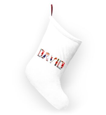 White stocking with text ‘David’ in colourful Christmas themed lettering, with red hanging loop