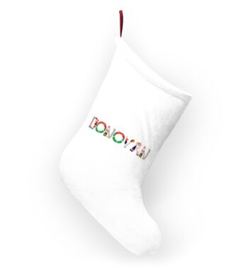 White stocking with text ‘ Donovan’ in colourful Christmas themed lettering, with red hanging loop