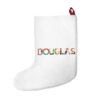 White stocking with text ‘Douglas’ in colourful Christmas themed lettering, with red hanging loop