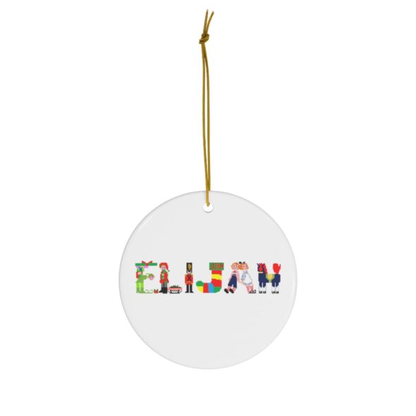 White ceramic ornament with text ‘Elijah’ in colourful Christmas themed lettering, with gold hanging loop
