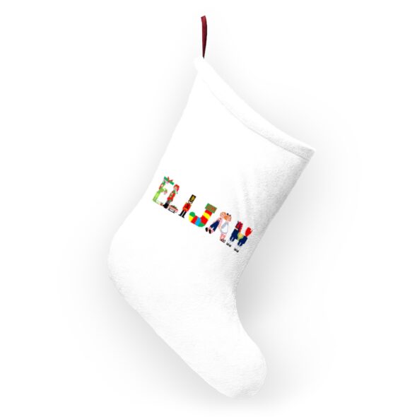White stocking with text ‘Elijah’ in colourful Christmas themed lettering, with red hanging loop