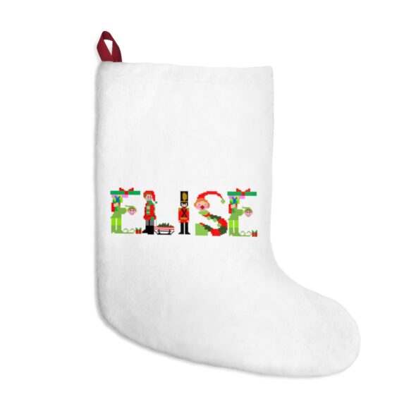 White stocking with text ‘Elise’ in colourful Christmas themed lettering, with red hanging loop