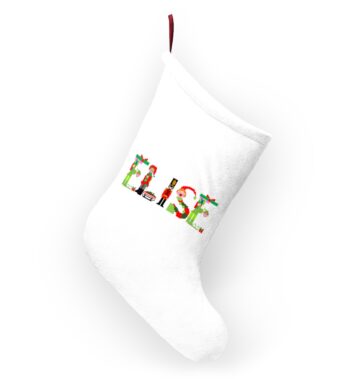 White stocking with text ‘Elise’ in colourful Christmas themed lettering, with red hanging loop