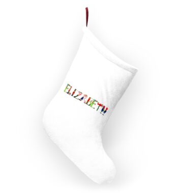 White stocking with text ‘Elizabeth’ in colourful Christmas themed lettering, with red hanging loop