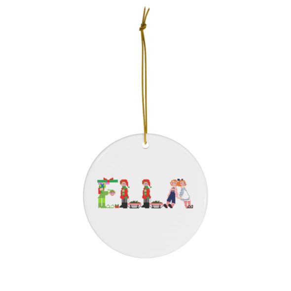 White ceramic ornament with text ‘Ella’ in colourful Christmas themed lettering, with gold hanging loop