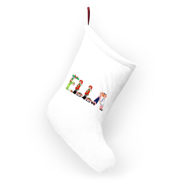 White stocking with text ‘Ella’ in colourful Christmas themed lettering, with red hanging loop