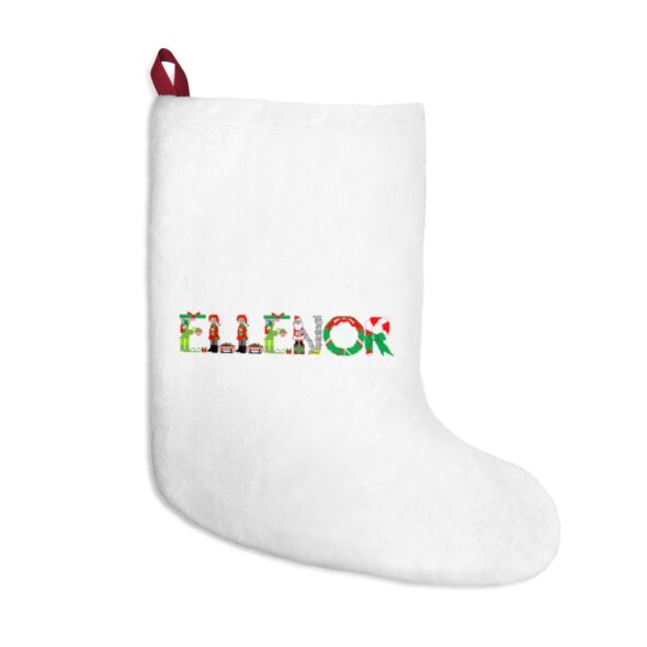 White stocking with text ‘Ellenor’ in colourful Christmas themed lettering, with red hanging loop