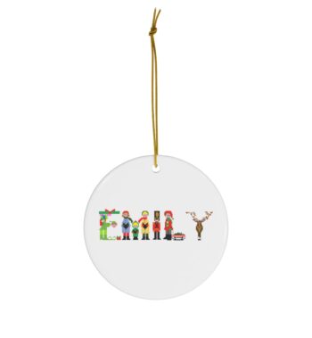 White ceramic ornament with text ‘Emily’ in colourful Christmas themed lettering, with gold hanging loop