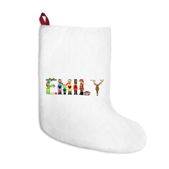 White stocking with text ‘Emily’ in colourful Christmas themed lettering, with red hanging loop