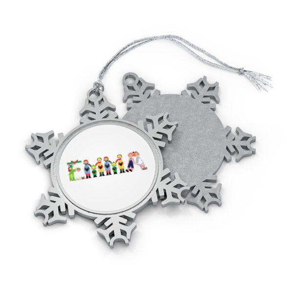 Silver-toned snowflake ornament with white insert with text ‘Emma’ in colourful Christmas themed lettering, with silver hanging loop