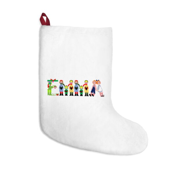 White stocking with text ‘Emma’ in colourful Christmas themed lettering, with red hanging loop