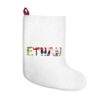 White stocking with text ‘Ethan’ in colourful Christmas themed lettering, with red hanging loop