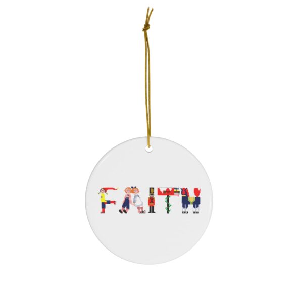 White ceramic ornament with text ‘Faith’ in colourful Christmas themed lettering, with gold hanging loop