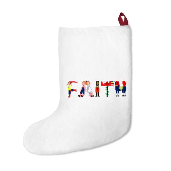 White stocking with text ‘Faith’ in colourful Christmas themed lettering, with red hanging loop