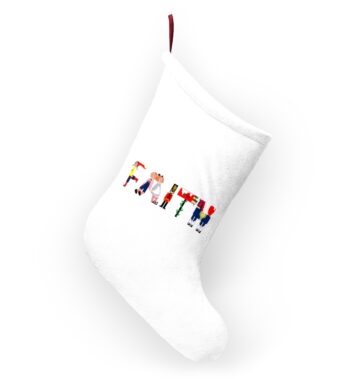 White stocking with text ‘Faith’ in colourful Christmas themed lettering, with red hanging loop