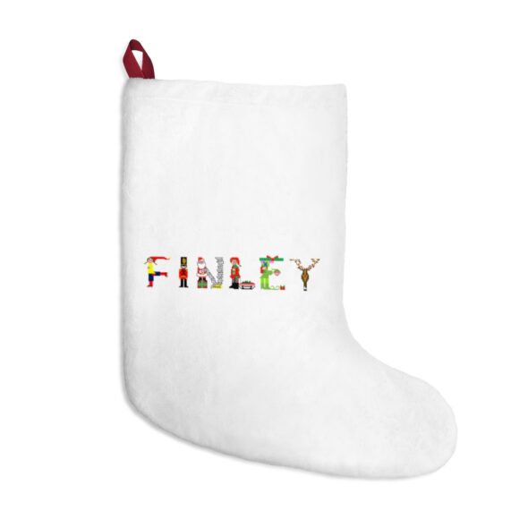 White stocking with text ‘Finley’ in colourful Christmas themed lettering, with red hanging loop