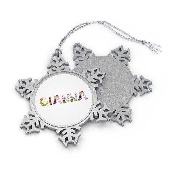 Silver-toned snowflake ornament with white insert with text ‘Gianna’ in colourful Christmas themed lettering, with silver hanging loop