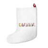 White stocking with text ‘Gianna’ in colourful Christmas themed lettering, with red hanging loop