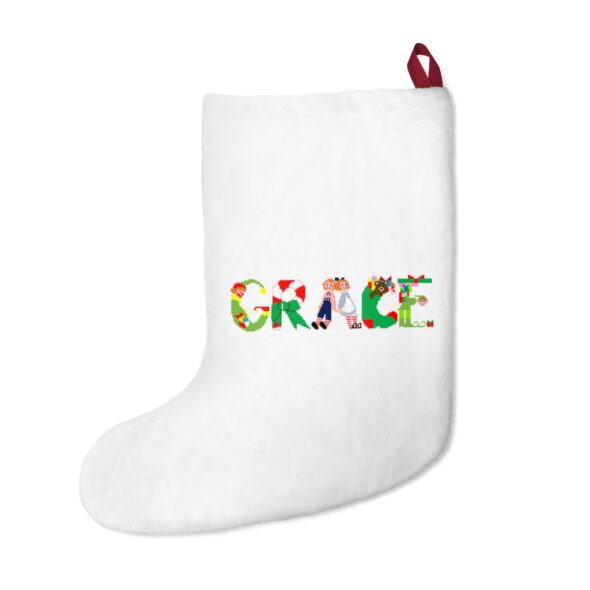 White stocking with text ‘Grace’ in colourful Christmas themed lettering, with red hanging loop