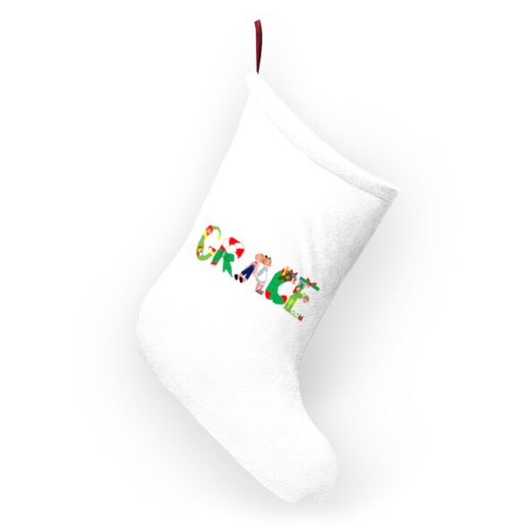 White stocking with text ‘Grace’ in colourful Christmas themed lettering, with red hanging loop