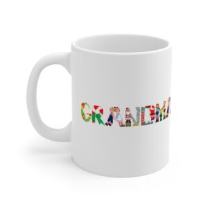 White 11 ounce mug with text ‘Grandma’ in colourful Christmas themed lettering