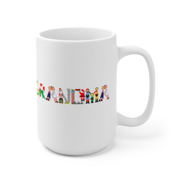 White 15 ounce mug with text ‘Grandma’ in colourful Christmas themed lettering