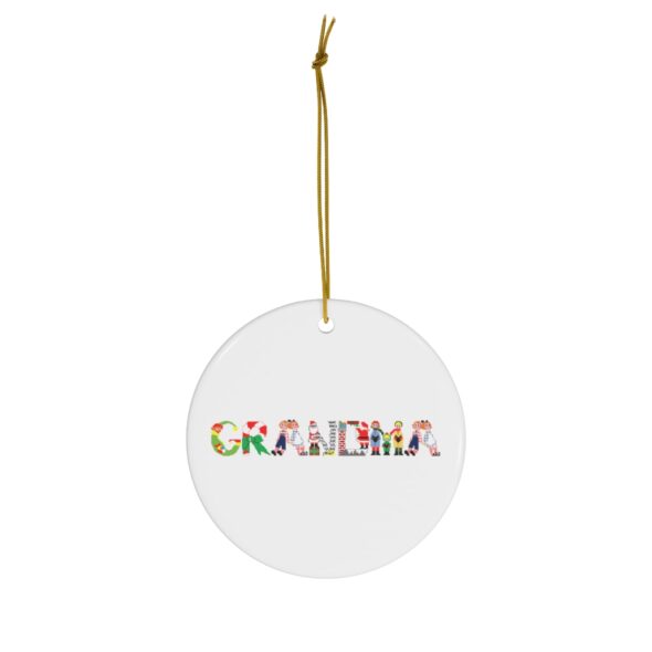 White ceramic ornament with text ‘Grandma’ in colourful Christmas themed lettering, with gold hanging loop