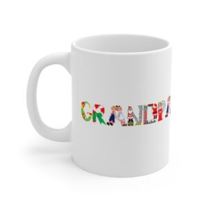 White 11 ounce mug with text ‘Grandpa’ in colourful Christmas themed lettering