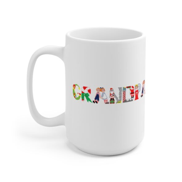 White 15 ounce mug with text ‘Grandpa’ in colourful Christmas themed lettering