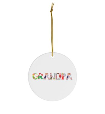 White ceramic ornament with text ‘Grandpa’ in colourful Christmas themed lettering, with gold hanging loop