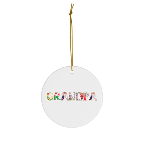 White ceramic ornament with text ‘Grandpa’ in colourful Christmas themed lettering, with gold hanging loop