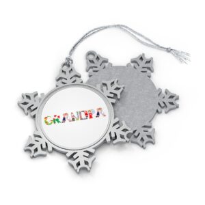 Silver-toned snowflake ornament with white insert with text ‘Grandpa’ in colourful Christmas themed lettering, with silver hanging loop