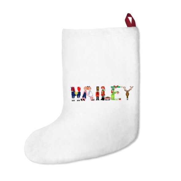 White stocking with text ‘Hailey’ in colourful Christmas themed lettering, with red hanging loop