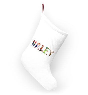 White stocking with text ‘Haley’ in colourful Christmas themed lettering, with red hanging loop