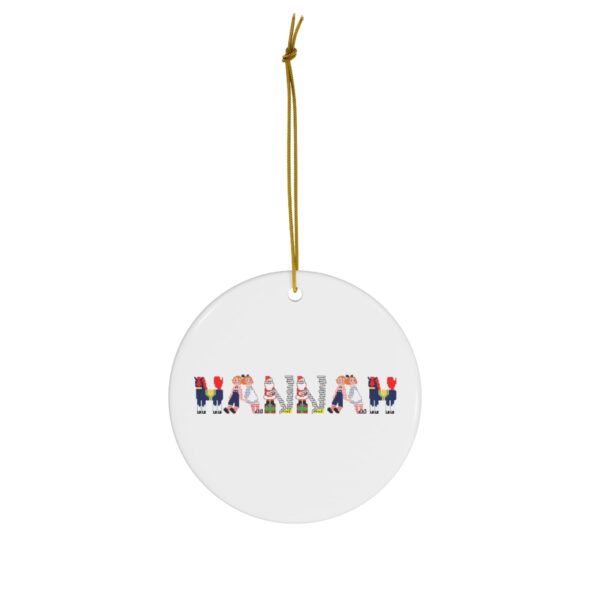 White ceramic ornament with text ‘Hannah’ in colourful Christmas themed lettering, with gold hanging loop