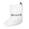 White stocking with text ‘Hannah’ in colourful Christmas themed lettering, with red hanging loop