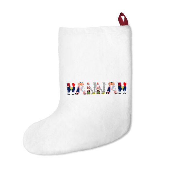 White stocking with text ‘Hannah’ in colourful Christmas themed lettering, with red hanging loop