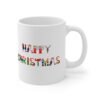 White 11 ounce mug with text ‘Happy Christmas’ in colourful Christmas themed lettering