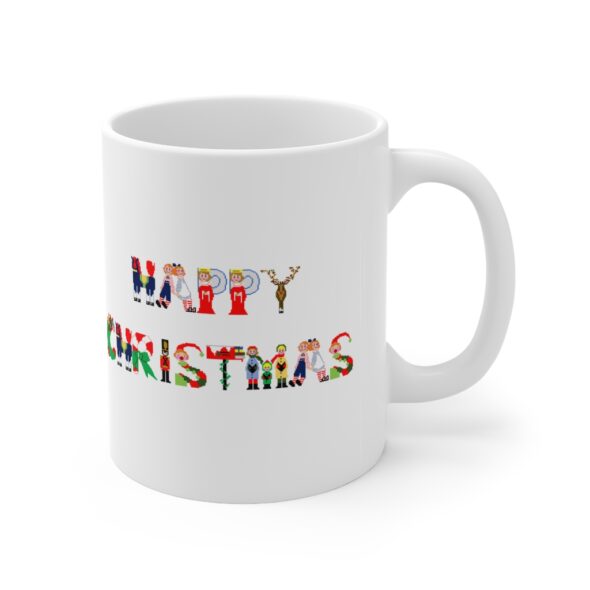 White 11 ounce mug with text ‘Happy Christmas’ in colourful Christmas themed lettering