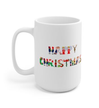 White 15 ounce mug with text ‘Happy Christmas’ in colourful Christmas themed lettering