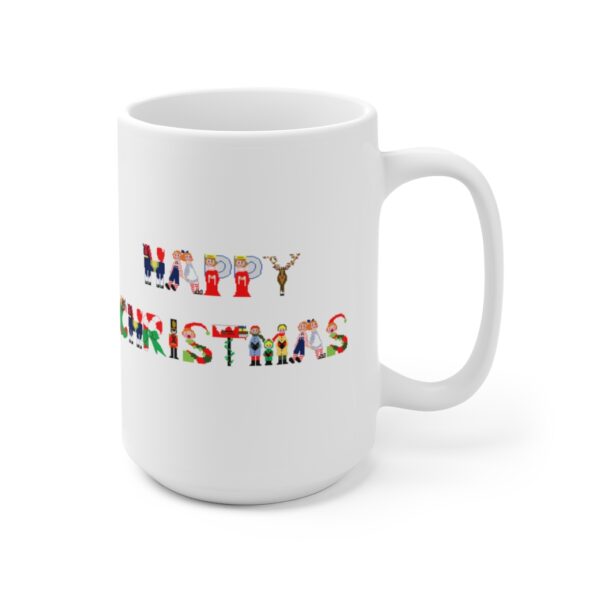 White 15 ounce mug with text ‘Happy Christmas’ in colourful Christmas themed lettering