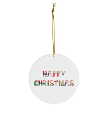 White ceramic ornament with text ‘Happy Christmas’ in colourful Christmas themed lettering, with gold hanging loop