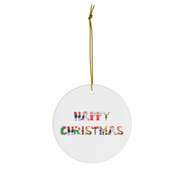 White ceramic ornament with text ‘Happy Christmas’ in colourful Christmas themed lettering, with gold hanging loop