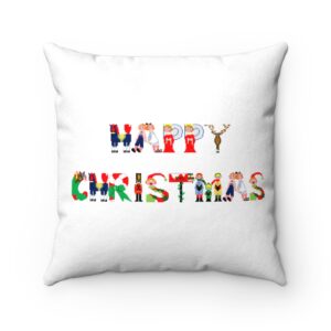 White faux suede cushion with text ‘Happy Christmas’ in colourful Christmas themed lettering