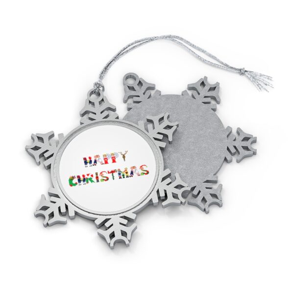 Silver-toned snowflake ornament with white insert with text ‘Happy Christmas’ in colourful Christmas themed lettering, with silver hanging loop