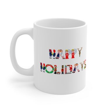 White 11 ounce mug with text ‘Happy Holidays’ in colourful Christmas themed lettering